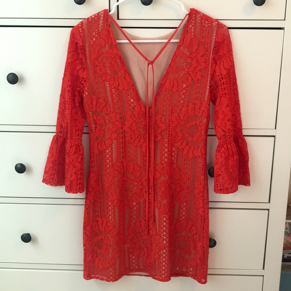 Vibrant Red-Orange Spring Lace Dress! - Picture 3 of 7